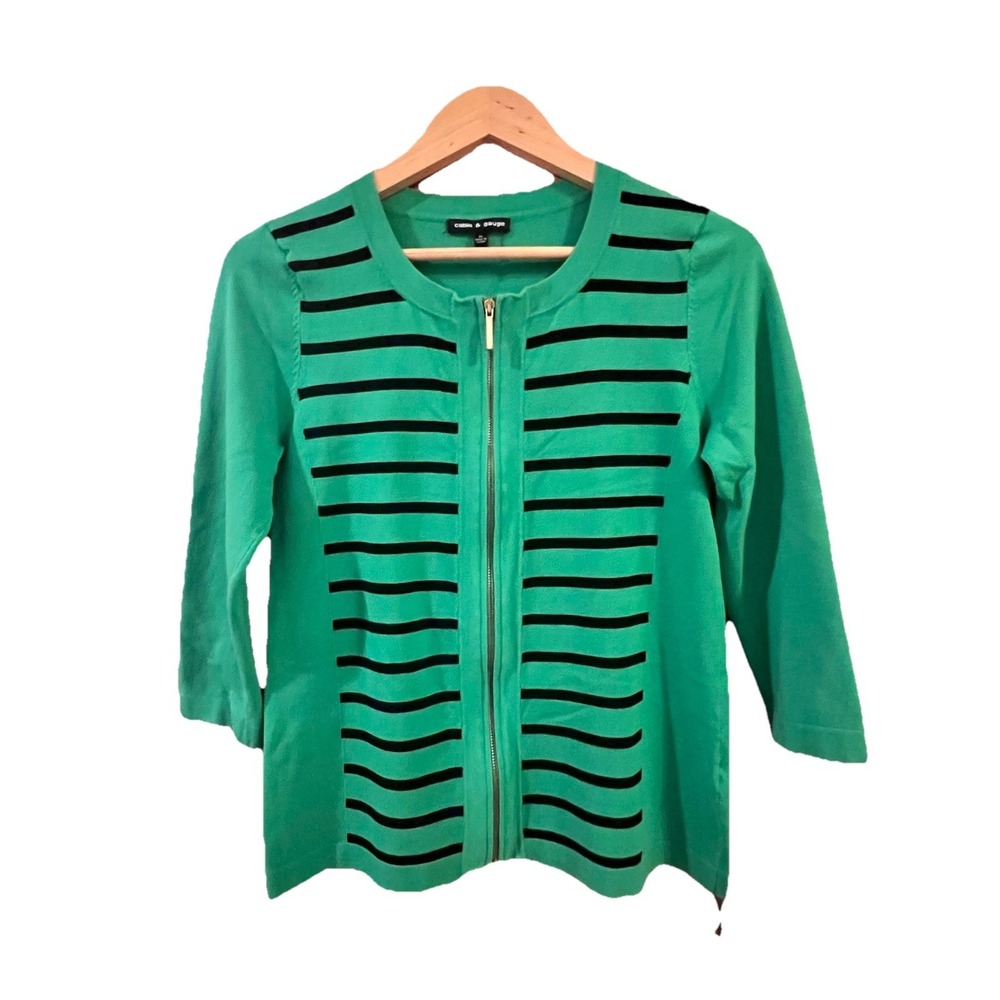 Coastal Preppy Green Zip Cardigan Striped Lightweight Sweater Womens M